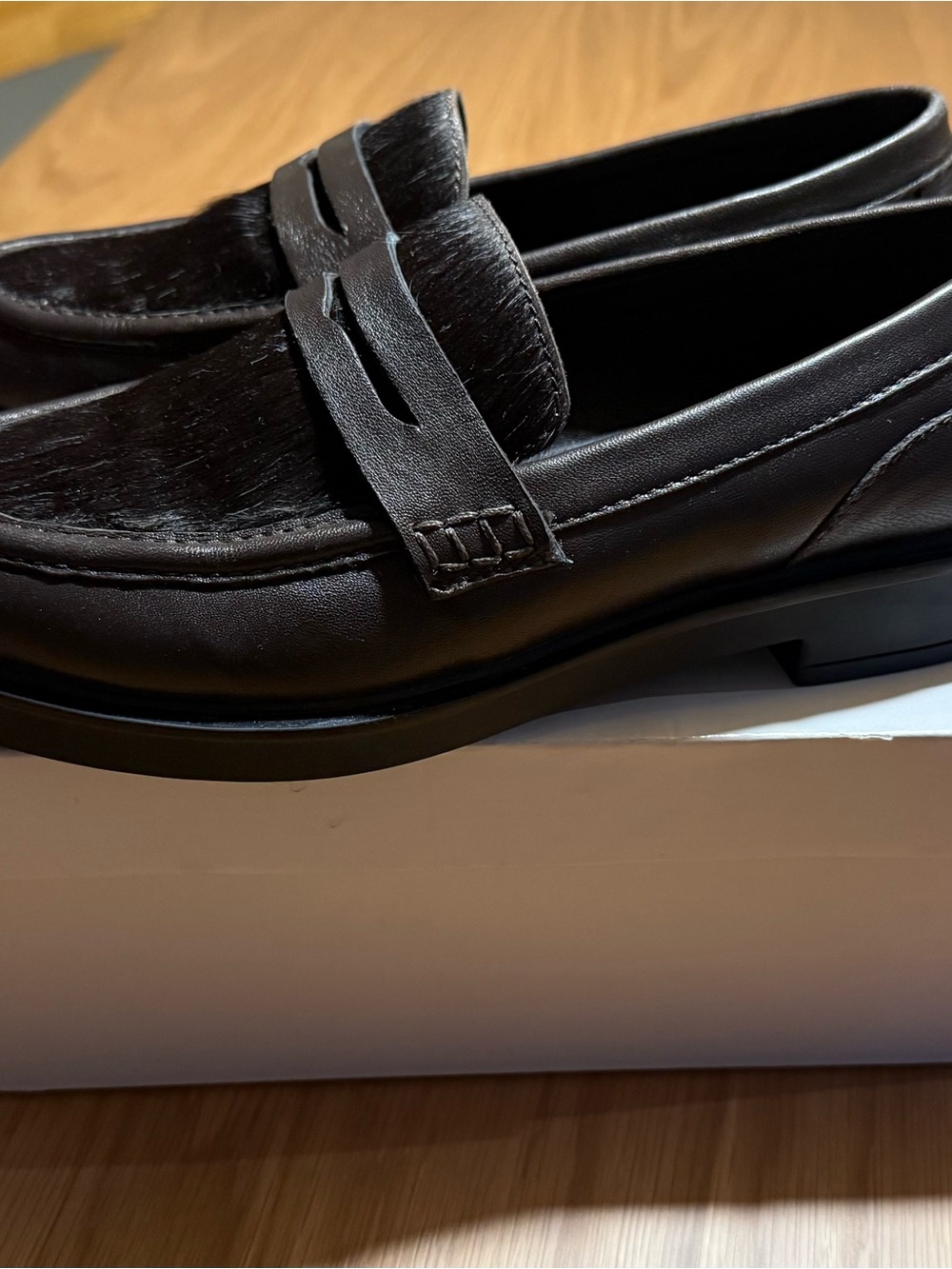 Simons Chocolate Brown Leather Penny Loafers with Pony Hair Detail